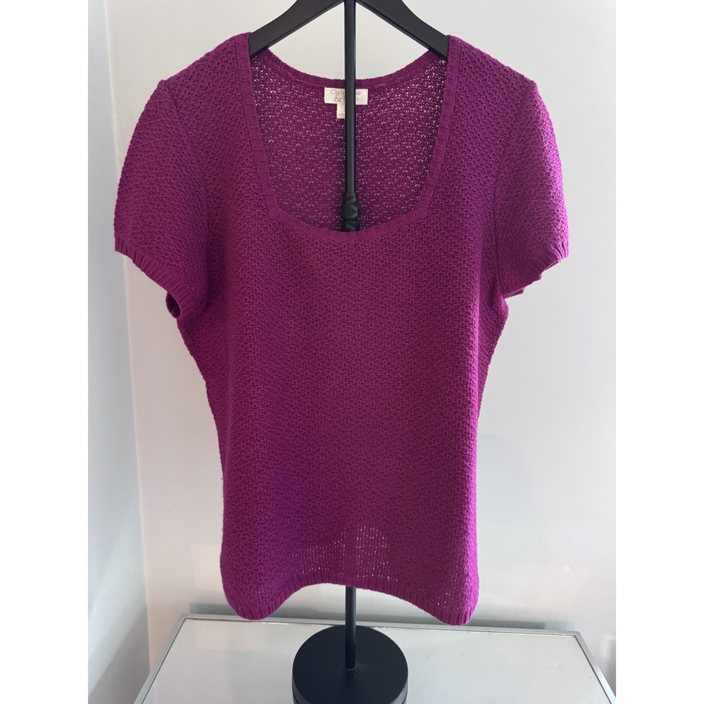 Christopher & Banks Open Knit Sweater Top Magenta Pink Short Sleeve XL‎